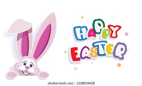 Cute Easter Bunny with text -Happy Easter- isolated on a light background