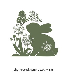 
Cute Easter Bunny , umbel plant, flowers and  butterfly. Happy Easter Card. Spring  design. Floral Rabbit silhouette.  
