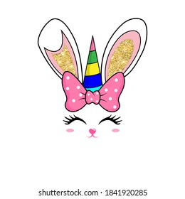 Cute easter bunny unicorn with big bow. Can be used for baby t-shirt print, fashion print design, kids wear, baby shower celebration greeting and invitation card. Vector illustration