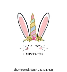 Cute Easter bunny unicorn vector with flowers. Happy Easter greeting card