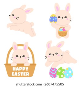 Cute Easter Bunny in Various Poses with Basket and Painted Eggs on White Background Vector Illustration