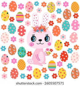Cute Easter bunny vector animal with eggs and flowers, spring greeting card, poster or banner