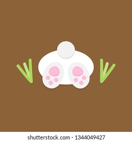 Cute Easter bunny vector graphic illustration. White rabbit digging a hole in the ground. Isolated on brown background.