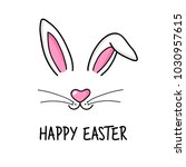 Cute easter bunny vector illustration, hand drawn face of bunny. Greeting card with Happy Easter writing. Ears and tiny muzzle with whiskers. Isolated on white background.