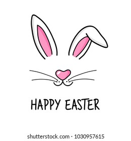 Cute easter bunny vector illustration, hand drawn face of bunny. Greeting card with Happy Easter writing. Ears and tiny muzzle with whiskers. Isolated on white background.