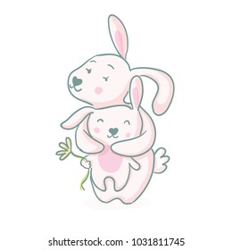 Cute easter bunny vector illustration, hand drawn face of bunny. Greeting card. Ears and tiny muzzle with whiskers. Isolated on white background.