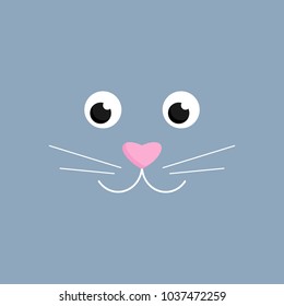 Cute easter bunny vector illustration, blue-grey square background with face of bunny. Eyes and pink muzzle with whiskers.