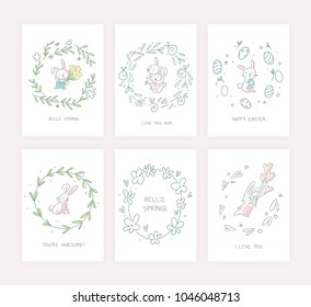 Cute easter bunny vector illustration, hand drawn face of bunny. Greeting card. Ears and tiny muzzle with whiskers. Isolated on white background.