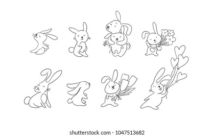 Cute easter bunny vector illustration, hand drawn face of bunny. Greeting card. Ears and tiny muzzle with whiskers. Isolated on white background.
