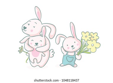 Cute easter bunny vector illustration, hand drawn face of bunny. Greeting card. Ears and tiny muzzle with whiskers. Isolated on white background.