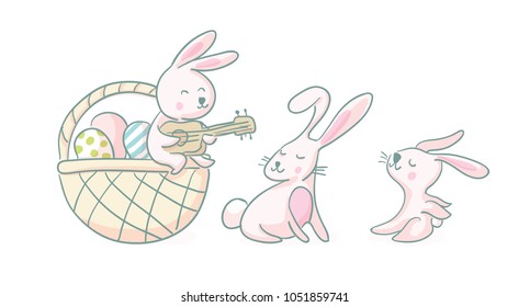 Cute easter bunny vector illustration, hand drawn face of bunny. Greeting card. Ears and tiny muzzle with whiskers. Isolated on white background.
