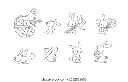 Cute easter bunny vector illustration, hand drawn face of bunny. Greeting card. Ears and tiny muzzle with whiskers. Isolated on white background.