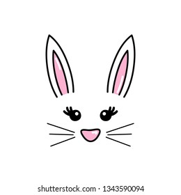 Cute Easter Bunny Vector Illustration, Hand Drawn Face Of Bunny. Ears And Tiny Muzzle With Whiskers. Isolated.