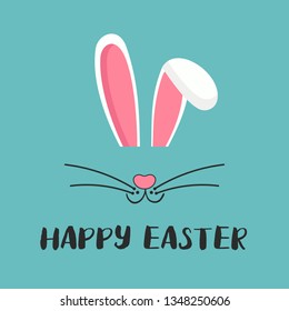 Cute easter bunny vector illustration, hand drawn face of bunny. Greeting card with Happy Easter writing. Ears and tiny muzzle with whiskers. Isolated on white background. 