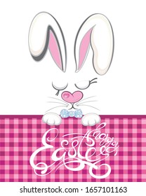 Cute easter bunny vector illustration,  face of bunny. Greeting card with Happy Easter writing.