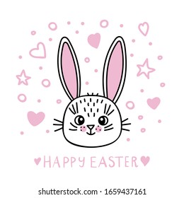 Cute Easter bunny vector illustration, hand drawn face of bunny. Greeting card with Happy Easter writing. Isolated on white background with pink hearts and stars.
