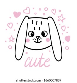 Cute Easter bunny vector illustration, hand drawn face of bunny. Isolated on white background with pink hearts and stars.