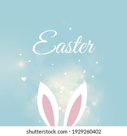 Cute easter bunny vector illustration, bunny ears. Happy Easter Greeting Card Handwritten Isolated Blue Background