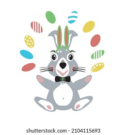 Cute Easter bunny vector illustration. Rabbit with decorated eggs, bunny ears, and a bow tie. Cartoon character.