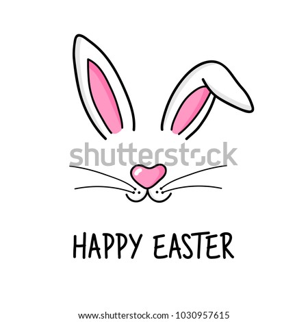 Cute easter bunny vector illustration, hand drawn face of bunny. Greeting card with Happy Easter writing. Ears and tiny muzzle with whiskers. Isolated on white background.