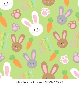 Cute Easter bunny vector seamless pattern. White, brown and grey easter bunnies, paws, carrots and writing happy easter illustrations. Isolated.