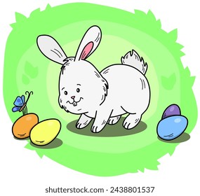 Cute Easter bunny watching a flying butterfly