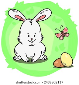 Cute Easter bunny watching a flying butterfly