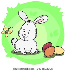 Lindo conejito de Pascua viendo una mariposa voladora