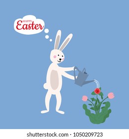 Cute easter bunny watering flowers from a watering can, happy easter, vector, illustration, isolated