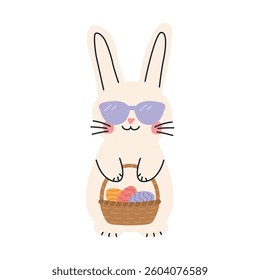 cute easter bunny wearing sunglasses holds eggs basket -vector illustration