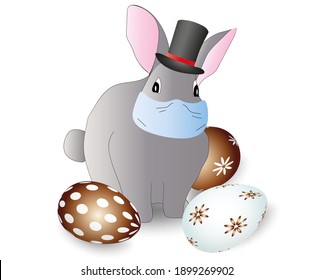 Cute easter bunny wearing top hat with face mask, coronavirus quarantine easter vector.