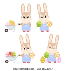 Cute Easter bunny with a wheelbarrow carrying Easter eggs 