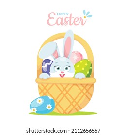Cute Easter bunny in wicker basket with eggs. Easter card. Cute illustration for greeting cards, textiles, wrapping paper, packaging . Pastel colors. Vector, cartoon style, white background