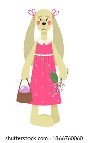 Cute Easter bunny with willow branches and an egg. Tilda bunny. Happy Easter. Vector illustration.