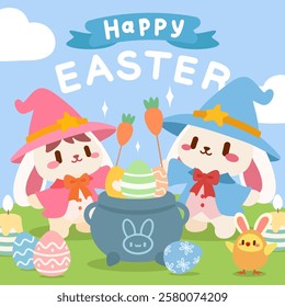 Cute Easter Bunny Wizards Cooking Magic Easter Eggs. Adorable Bunnies in Wizard Costumes Making Easter Magic. Happy Easter Illustration with Bunny Wizards and Colorful Eggs.