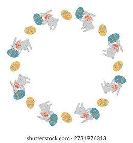 Cute easter bunny wreath with rabbit holding decorated egg arranged in circular frame on white background. This image represents spring holiday celebration concept with easter tradition
