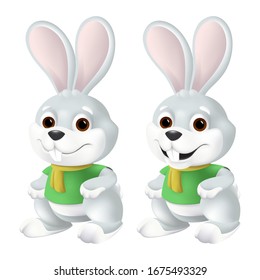 Cute Easter bunny in yellow scarf and green shirt with big eyes and ears isolated on white background. Funny vector mascot character illustration of smiling grey rabbit in 3d cartoon style