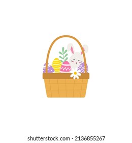 Cute Easter Busket. Easter eggs, bunny, flower. Flat style. Vector