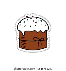 Cute Easter cake with a bow on a white background. Colored Easter cake sticker with black outline. Cartoon vector isolate illustration. Eps 10