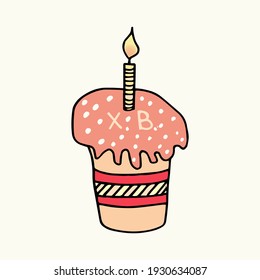 Cute Easter cake with a candle. Colored Easter cake sticker black outline. Isolated on a light background. Contour. Doodle. Design for Easter, postcards, stickers