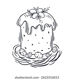 Cute Easter cake with icing in doodle style. Easter eggs with flowers. Element for poster, flyer, postcard, cover, advertising design. Vector illustration	