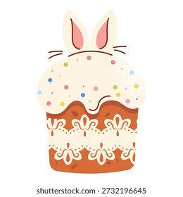 Cute Easter cake vector with glaze and chocolate bunnyears. Festive bakery illustration for packaging, stickers, greeting cards, kids design and seasonal decor.