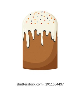 Cute Easter cake with white glossy glaze and colored sweets on a top. Christian holiday, dessert, cupcake. Vector illustration of clipart for greeting cards, stickers, design.