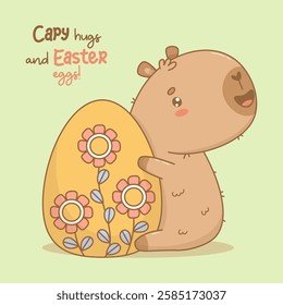 Cute Easter Capybara with big decorative  paschal egg. Happy cartoon kawaii character animal. Vector illustration. Holiday cool card with slogan congratulation. Kids collection