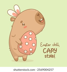 Cute Easter Capybara in bunny ears with paschal egg. Happy cartoon kawaii character animal. Vector illustration. Holiday cool card with congratulation. Kids collection