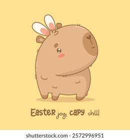 Cute Easter Capybara with Bunny Ears. Calm festive cartoon kawaii animal. Vector illustration. Holiday cool card with slogan. Kids collection