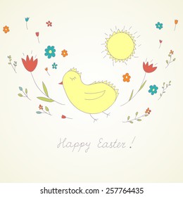 cute Easter card with bird and flowers