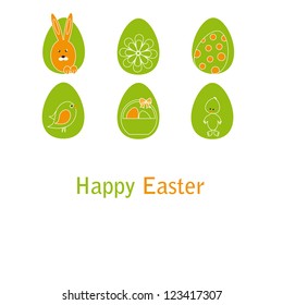 Cute easter card with birds, eggs, rabbit and chicken