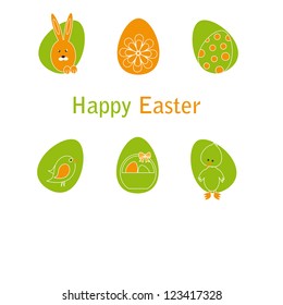 Cute easter card with birds, eggs, rabbit and chicken