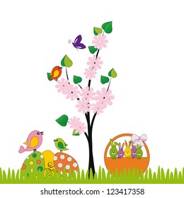 Cute easter card with birds and eggs
